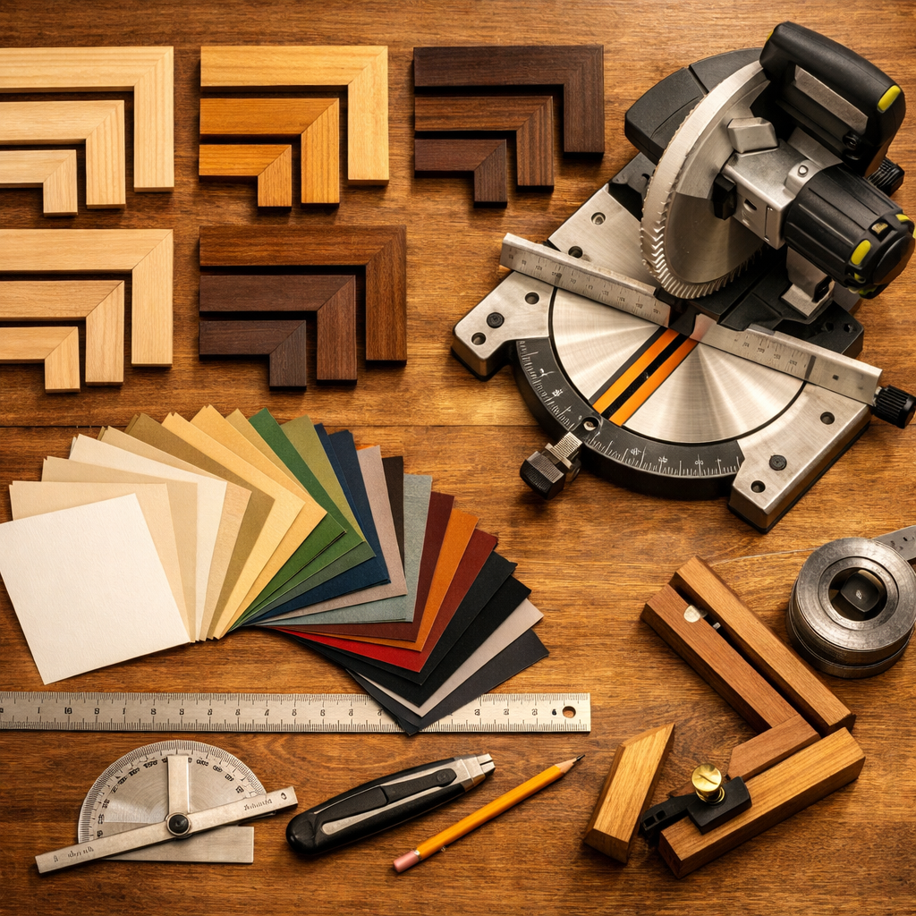 Flat-lay of professional picture framing tools and materials